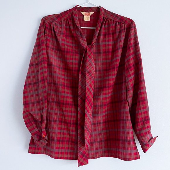 Vintage Mister Leonard  by Len Wasser Silky Red Plaid Button Blouse Faux Tie 10 - Picture 1 of 9